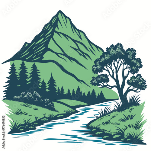 Mountain peak, dense forest, flowing river, and green hills landscape.
