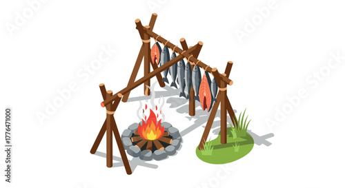 Isometric outdoor cooking scene with fish drying rack and campfire