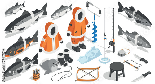 Isometric ice fishing scene with gear, fish, and winter clothing