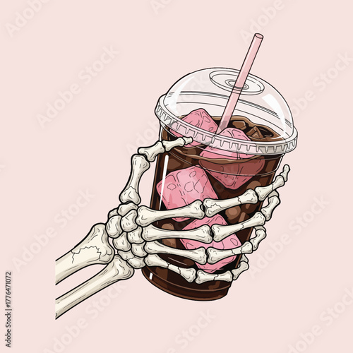 A skeletal hand holding a refreshing iced coffee drink with pink ice cubes and a straw.
