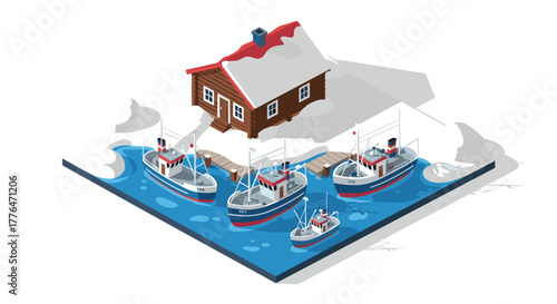 Winter harbor scene with snowy cabin and fishing boats in isometric style