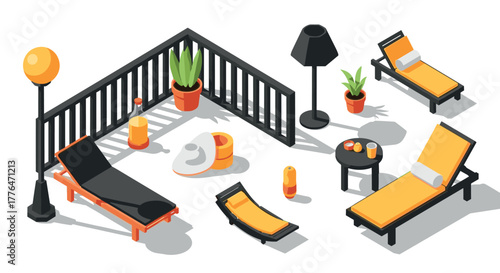 Isometric outdoor patio with sun loungers and modern decor elements