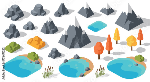 Isometric nature elements set mountains, trees, and lakes for game design