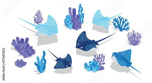 Isometric stingrays and coral reef scene in soft pastel colors