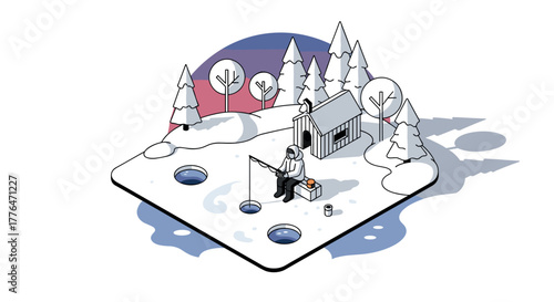 Isometric winter scene with ice fishing and snowcovered landscape