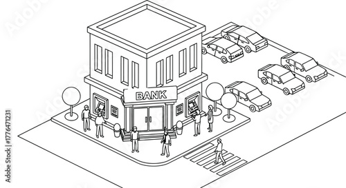 Bank building exterior with atm and parking lot illustration art editable vector