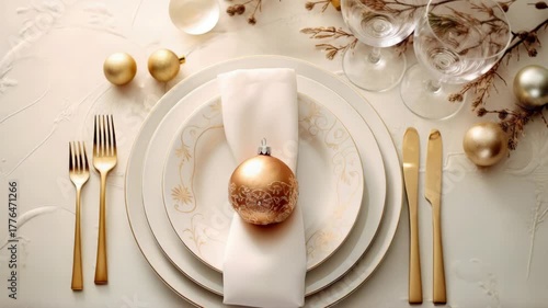 Elegant dinner setting with gold decorations and holiday ornaments arranged on a beautifully set table