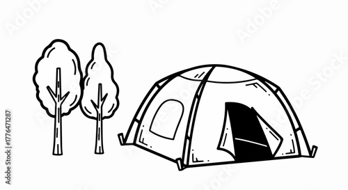 Camping tent and trees outline sketch