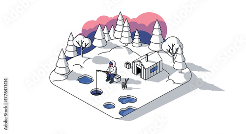 Winter isometric scene with ice fishing and snowy cabin in forest