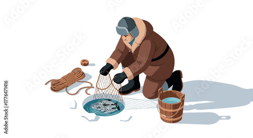 Ice fishing in winter preparing the catch with traditional techniques and gear