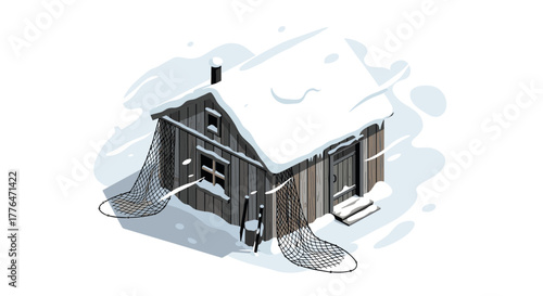 Cozy winter cabin with snowcovered roof and firewood stack in isometric style