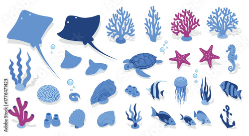 Vibrant marine life set rays, coral, turtles, and sea creatures in blue and pink