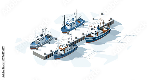 Isometric fishing boats at docks with shadow effects in harbor scene