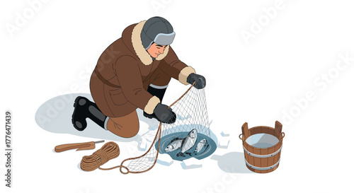Man ice fishing with net in winter attire beside ice hole and wooden bucket