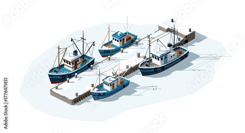 Isometric harbor scene with four fishing boats docked at pier in digital art style