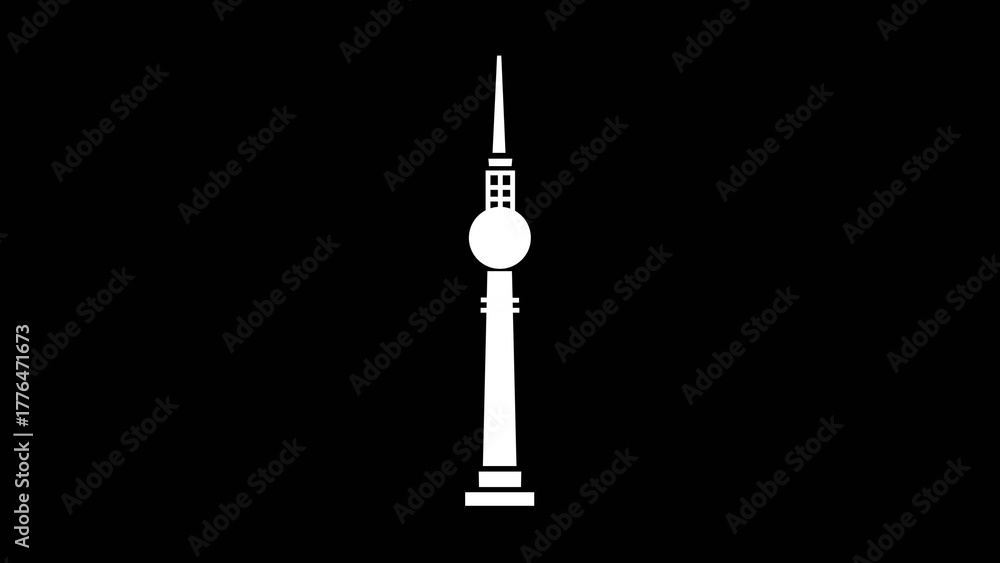 Obraz premium White tower animation on black background. Simple minimal line icon representing communication tower, broadcast antenna, observation tower, or landmark design. Perfect for technology intro