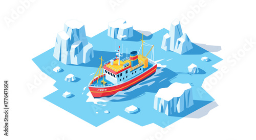 Colorful ship navigating through icebergs in polar landscape with clear sky
