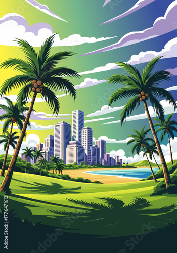 Vibrant tropical cityscape with palm trees casting shadows on a lush green golf course overlooking a serene beach and ocean under a colorful sky
