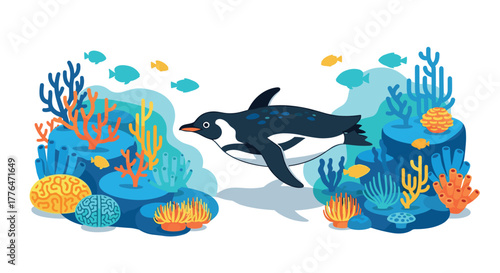 Colorful underwater scene with penguin and vibrant coral reef elements