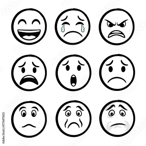 Collection of Black and White Cartoon Emoji Faces Expressing Various Emotions.