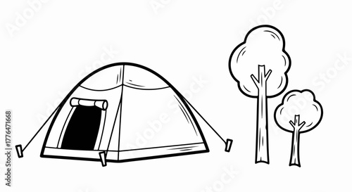 Camping tent with trees outline style