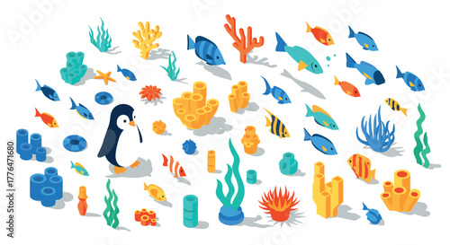 Isometric marine life with penguin and colorful fish among coral reefs