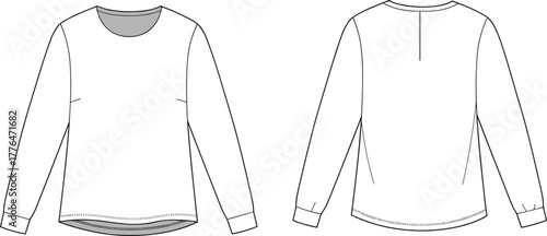 Flat sketch, long sleeve shirt, round neckline, fashion design, technical drawing, garment construction, front back view, apparel template, vector illustration