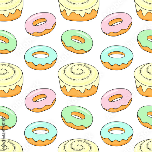 Cinnamon roll, donuts, vector illustration, seamless pattern. Sweet round buns with icing. Doodle style.