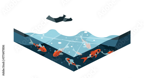 Isometric aquarium with koi fish and shark silhouette