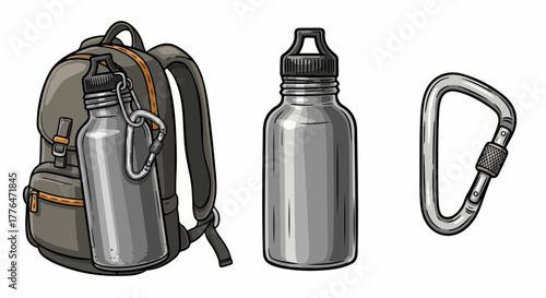 Backpack, water bottle, carabiner outdoor gear