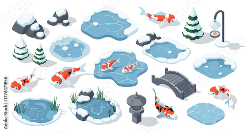 Winter garden with koi ponds and snowcovered landscapes in isometric style