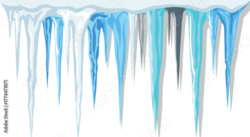 Realistic frozen icicles dripping with ice and snow in winter