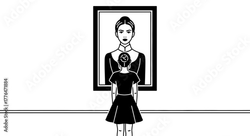 Young girl gazes at a portrait of an adult woman, reflecting on identity and growth.