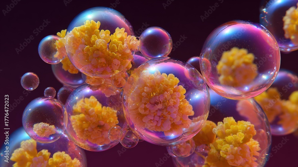 Obraz premium Close-up of a group of bubbles floating in the air. the bubbles are of different sizes and shapes, with some being larger and others smaller.