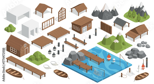 Isometric camping and fishing scene with cabins, boats, and mountains