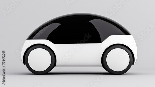 A futuristic, minimalist electric car with a sleek black and white design on a plain background.