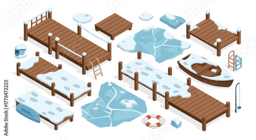 Isometric winter lakeside scene with frozen docks and icecovered pier elements