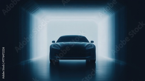 A sleek car silhouette illuminated by futuristic blue lights in a tunnel, emphasizing modern automotive design and technology.