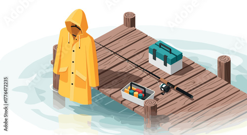 Fishing gear on wooden dock with yellow raincoat and tackle boxes in isometric design