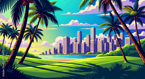 Vibrant tropical paradise illustration showcasing a breathtaking urban skyline, framed by lush palm trees and serene turquoise waters under a dramatic sky