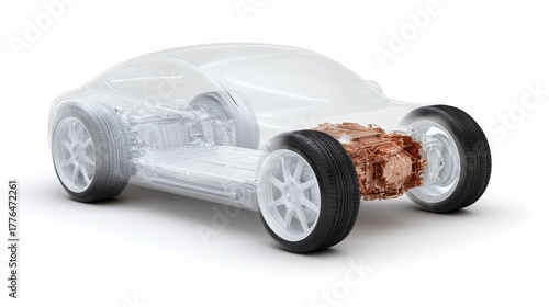 A semi-transparent car displays its internal electric motor and drivetrain components in detail.