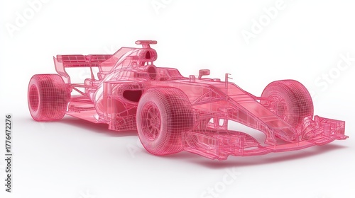 A digital wireframe rendering of a Formula 1 race car in pink, showcasing detailed 3D modeling and design structure.