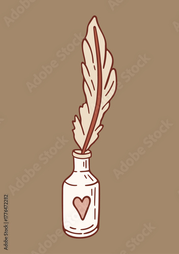 Vintage hand-drawn quill pen and ink bottle. Vector.