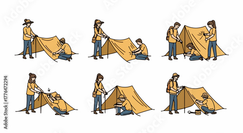 Setting up a tent outdoors with friends