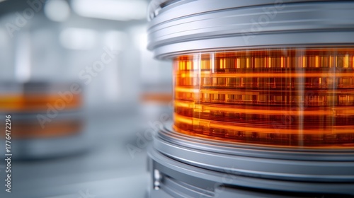 A futuristic metallic cylinder with orange illuminated rings in a sleek, high-tech environment.