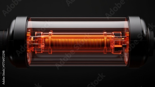 A glowing cylindrical mechanical device with visible internal components, emitting an orange light inside a transparent case.