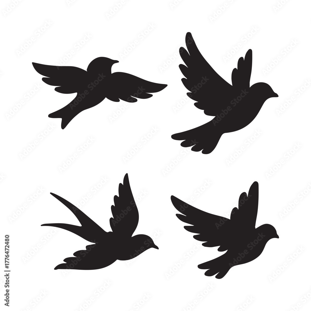 Obraz premium Simple black silhouettes of flying birds, a set of graphic icons featuring swallows and doves in motion