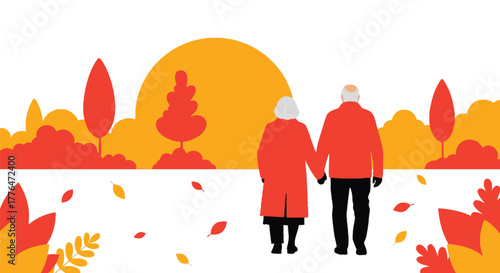 Senior couple autumn walk vector illustration stock image design editable vector