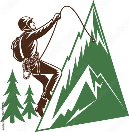 Mountain climber ascending peak with rope, safety gear, and pines