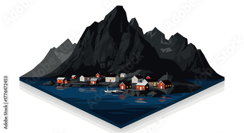 Isometric mountain village at night with dark cliffs and reflections